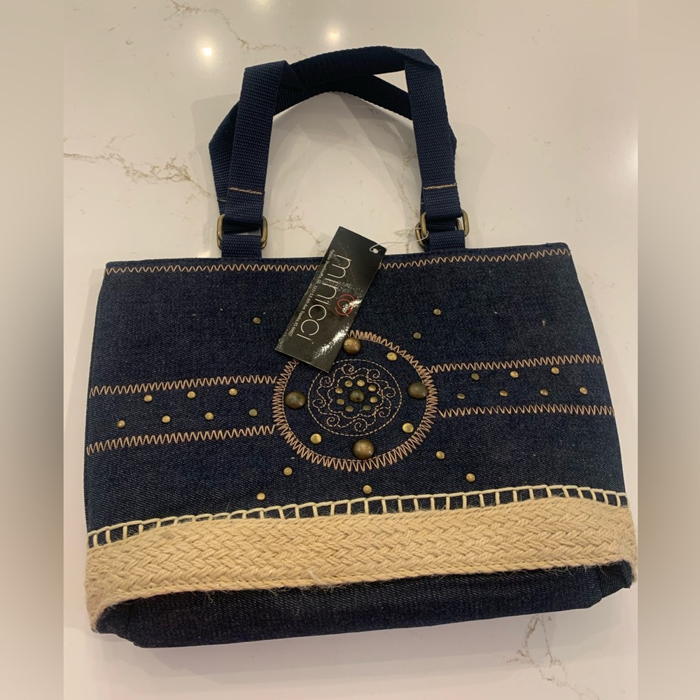 NEW Minicci Dark Navy Blue Denim Fabric Bag w/ Gold Studs